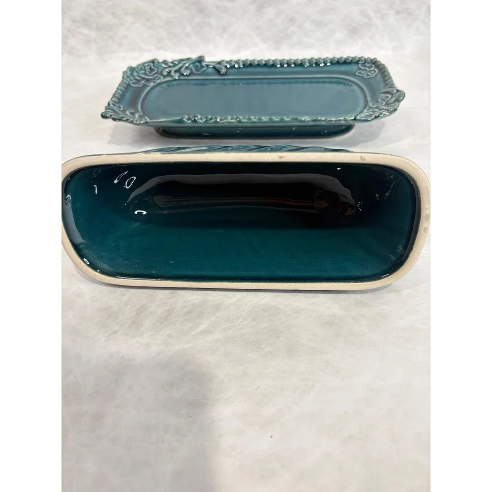 Anthropologie Teal‎ Ceramic Butter Dish with Lid Floral Scrollwork Detail
